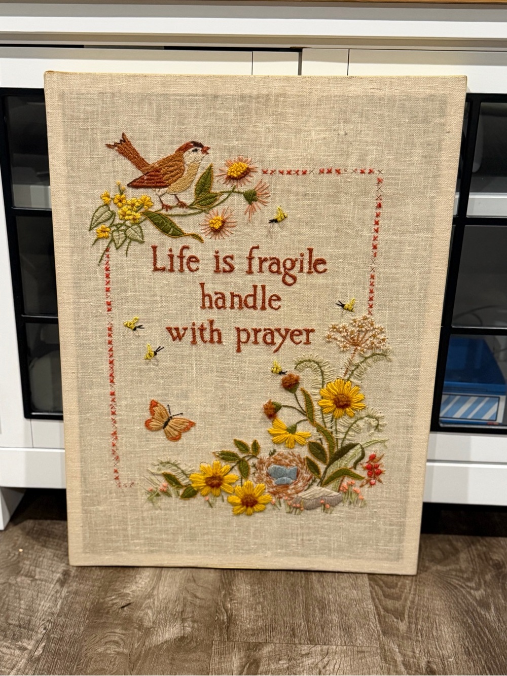 Completed 70s Embroidery Life is Fragile Handle with Prayer Birds Flowers VTG